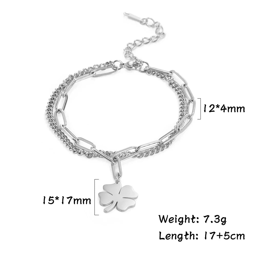 Dreamtimes  Stainless Steel Double Chain Ladies Anklet Clover Simple Fashion Jewelry Summer Beach Accessories