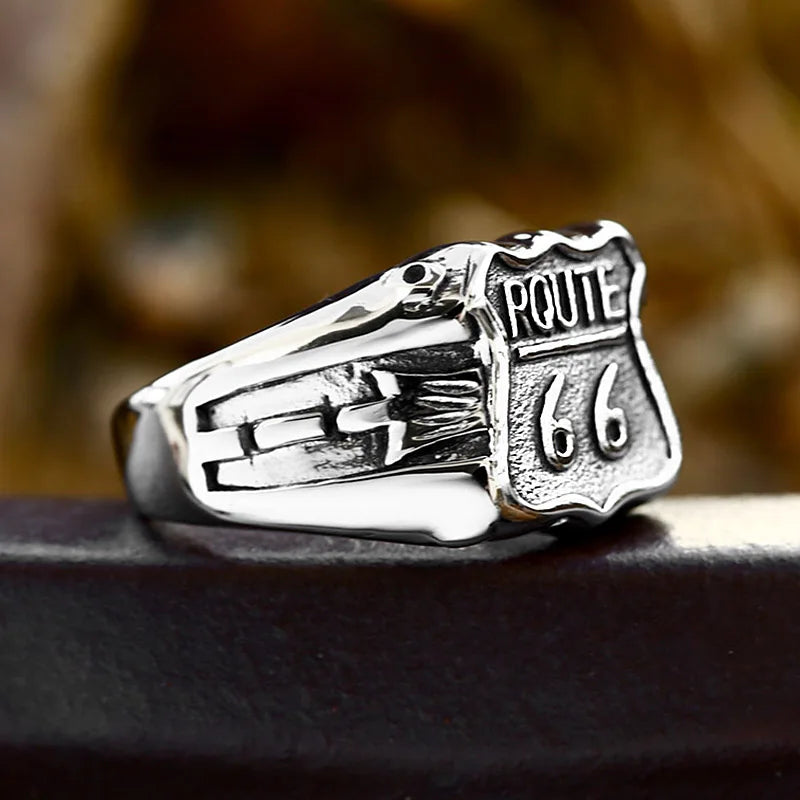 Vintage Punk Stainless Steel Route 66 Rings For Men Women Fashion High Polished American Roads Ring Biker Jewelry Dropshipping