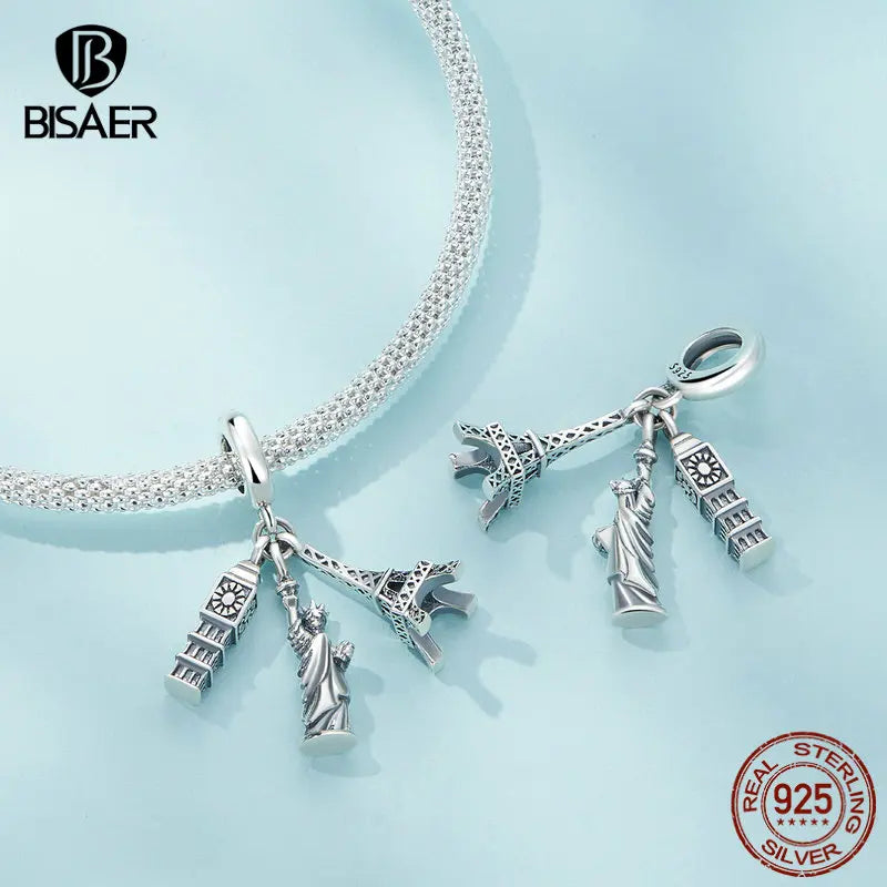 BISAER 925 Sterling Silver Summer Vacation Charm Bead Lipstick Sunglasses High Heels Airplane Pendant Fit Women DIY Bracelet