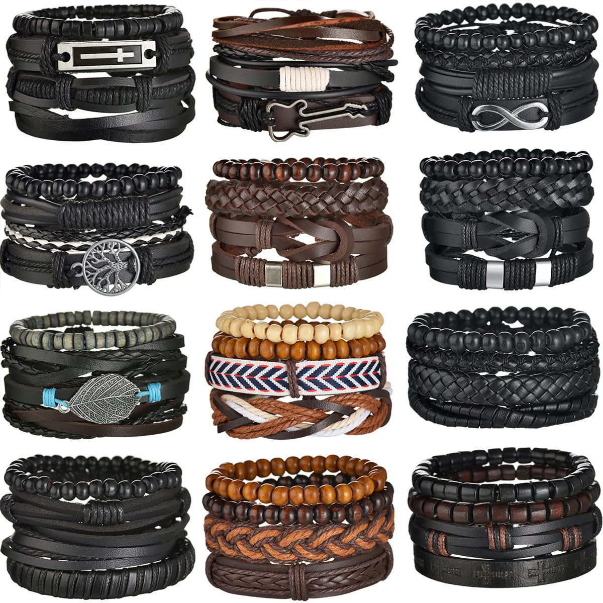 MeMolissa - Juego de 3 o 4 pulseras de cuero trenzado para hombre, estilo vintage, con forma de árbol de la vida, cuentas de madera, pulseras masculinas de moda