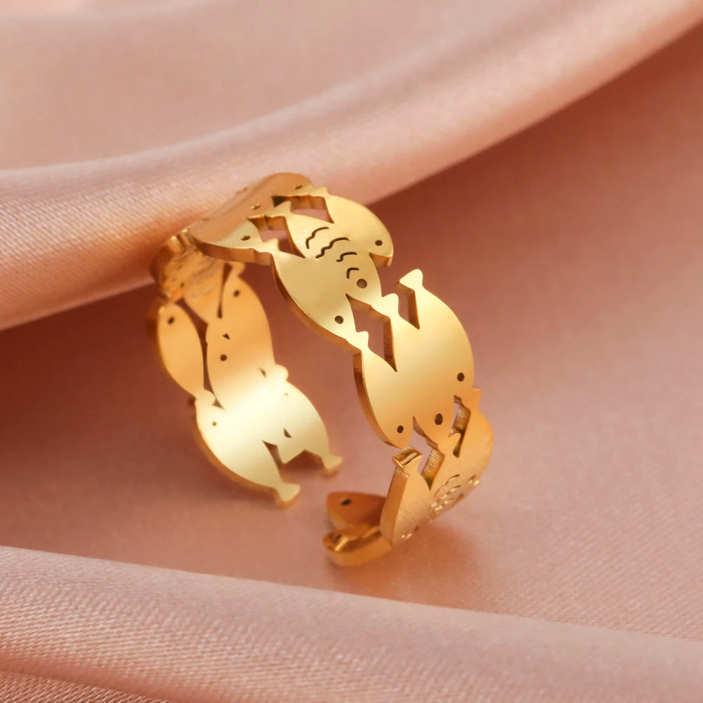 Dreamtimes Delicate Three-layer Fish Rings for Women Metallic Style Finger-ring Statement Jewelry Exquisite Fashion Accessories