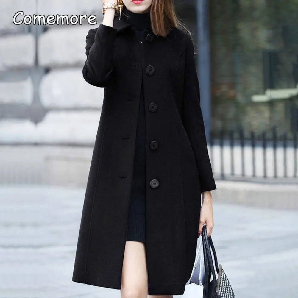 Comemore Autumn Women Coat Mid-Length Collar Elegant Warm Winter Jacket Single-Breasted Solid Color Turn-down Plus Size 3XL 4XL