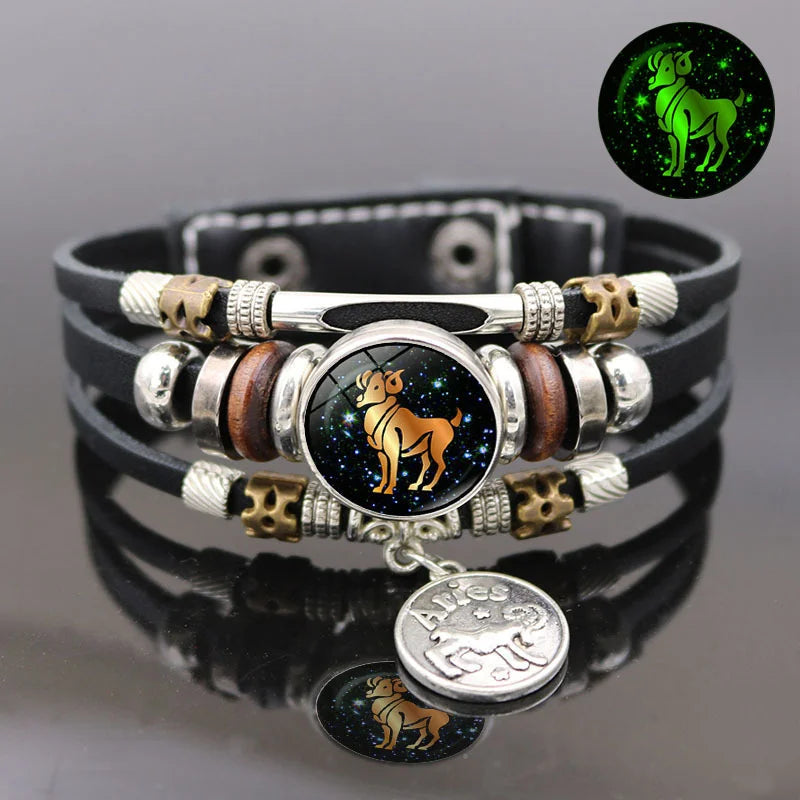 Leuchtendes Vintage-Armband mit 12 Sternbildern für Männer und Frauen, geflochtene Punk-Lederarmbänder, Geburtstagsgeschenk, im Dunkeln leuchtendes Armband