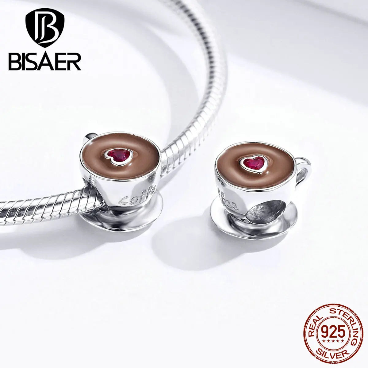 BISAER 100% 925 Sterling Silver Flower Teacup Charm Bead Coffee Cup Pendant Plated Platinum Fit Women DIY Bracelet Fine Jewelry