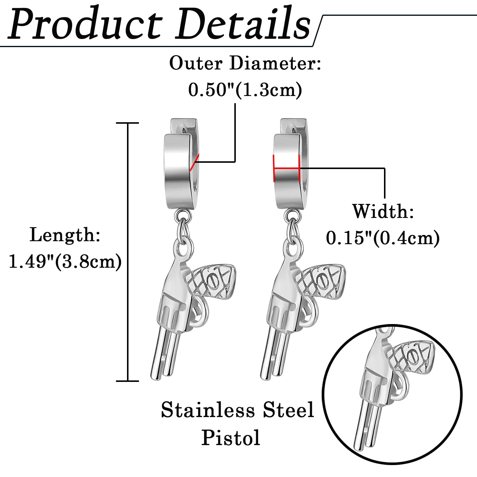 BONISKISS Punk Hip Hop Stainless Steel Unisex Earrings For Men Women Personality Pistol Earrings Jewelry Rock Jewellery Gift