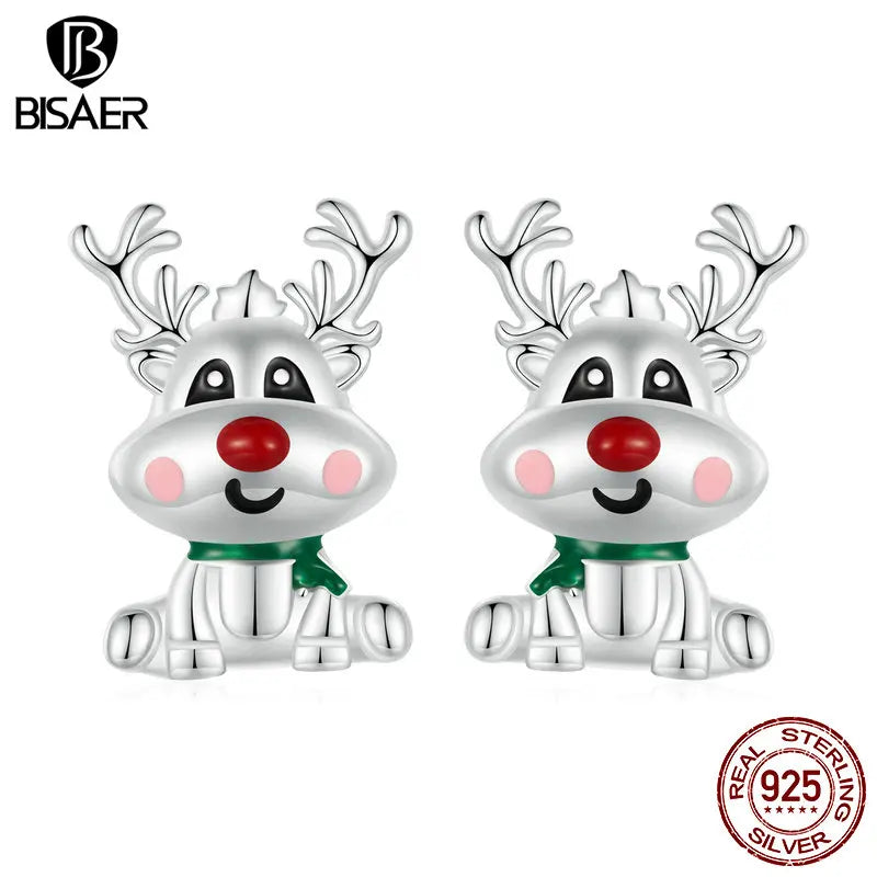 BISAER 100% 925 Sterling Silver Cute Christmas Reindeer Stud Earrings Plated Platinum For Woman Christma Party Fine Jewelry Gift