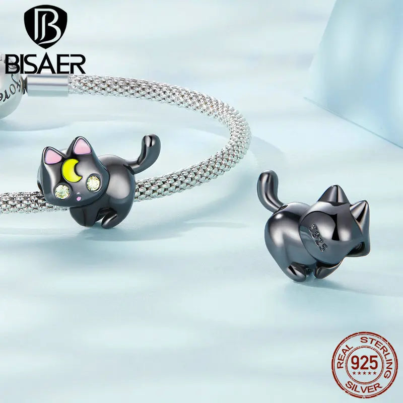 BISAER 925 Sterling Silver Vintage Moon&amp;Cat Charm Plaqué Or Noir Pendentifs Perle Fit Halloween Party DIY Bracelet Bijoux