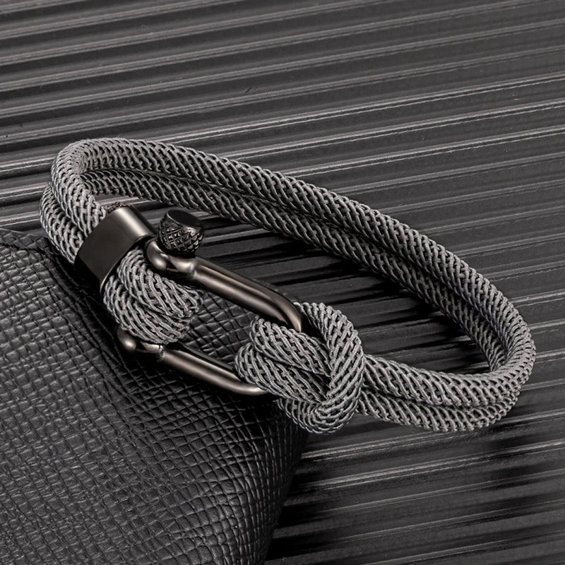 MKENDN Trendy Men Women Wine Red Marine Sailor Rope Nautical Survival Shackle Bracelet Black Stainless Steel Metal Sport Buckle