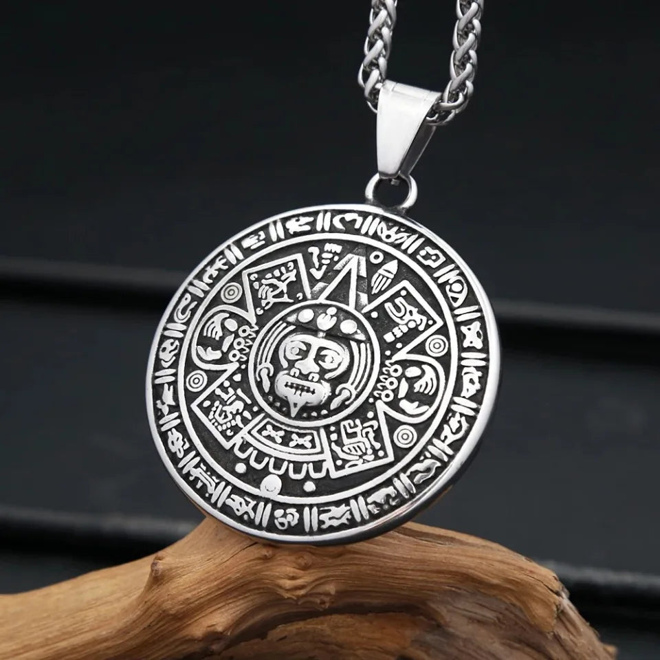 Vintage Ethnic Style Black Pattern Mayan Symbol Pendant Necklace For Men Stainless Steel Fashion Biker Heavy Jewelry Wholesale