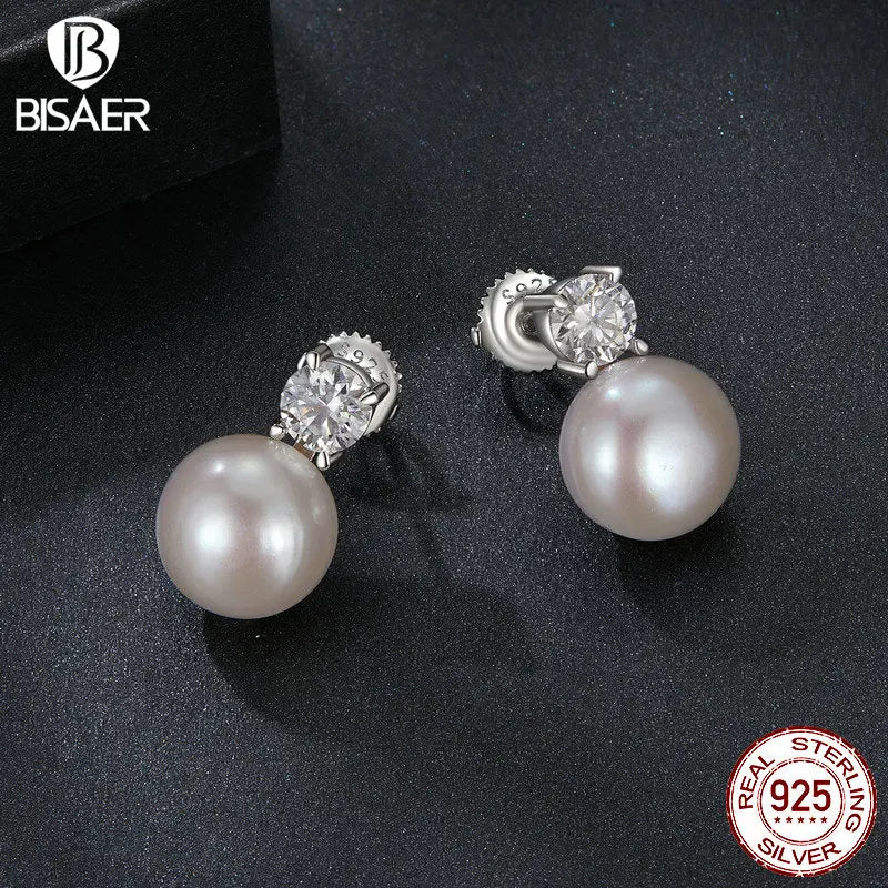 BISAER Moissanite 925 Sterling Silver Pearl Stud Earrings Elegant Women 0.5CT VVS1 Clarity Lab Created Diamond Wedding Jewelry