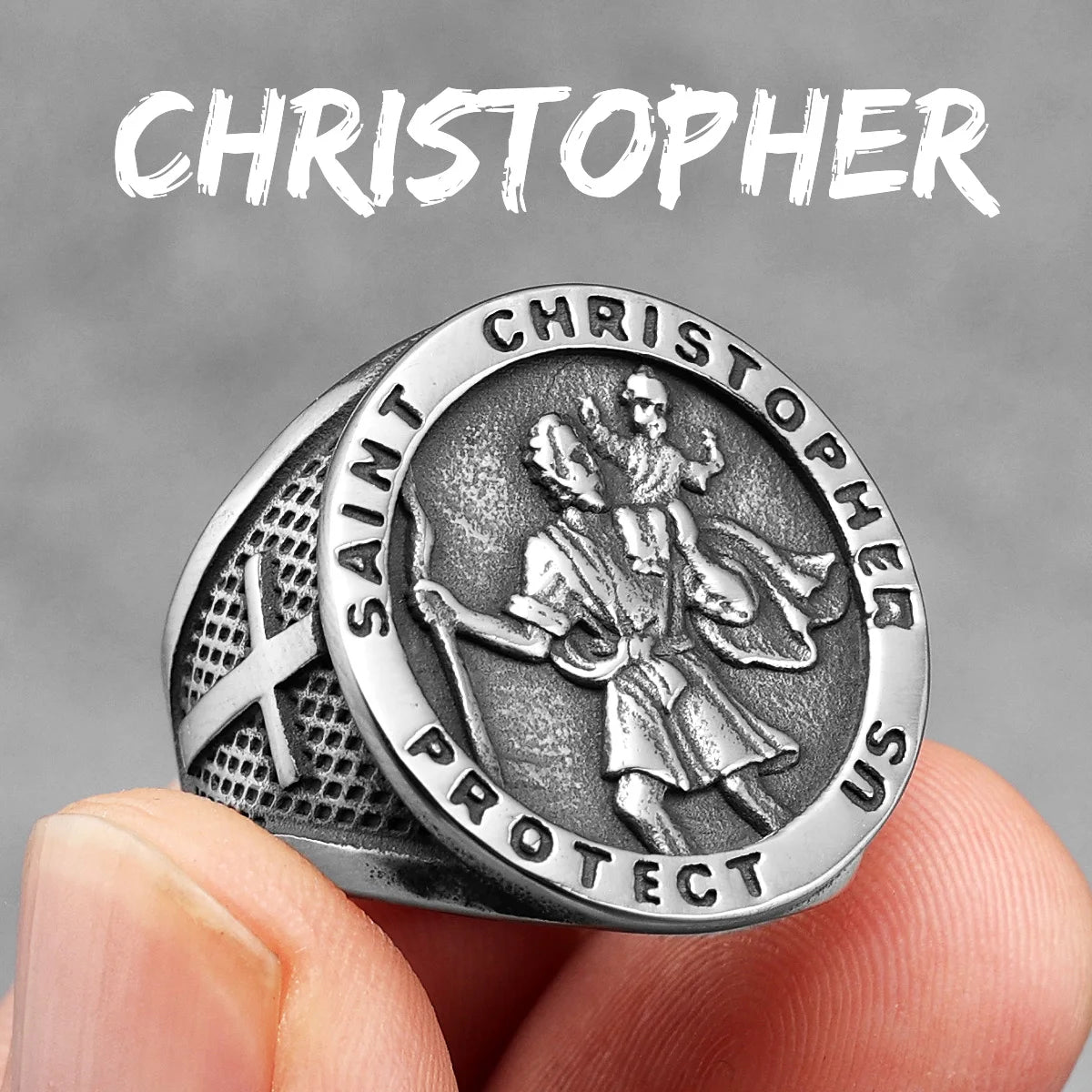 St Christopher Rings 316L Stainless Steel Men Patron Saint Cross Ring Traveler Amulet Punk Rock for Male Rider Jewelry Best Gift