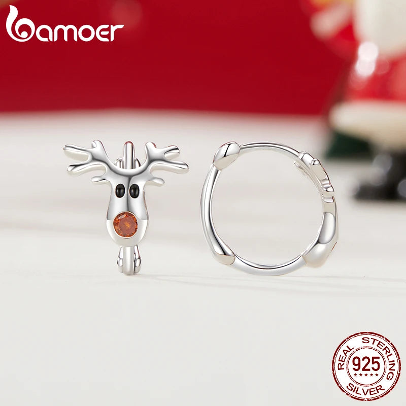 Boucles d'oreilles créoles en argent sterling 925 BAMOER en forme de renne, boucles d'oreilles créoles de Noël légères plaquées or blanc pour femmes SCE1812