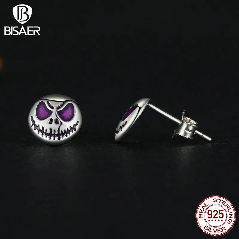 Bisaer 925 Sterling Silver Luminous Stud Earrings Halloween Skeleton Earrings for Women Girls Party Original Fine Jewelry Gift