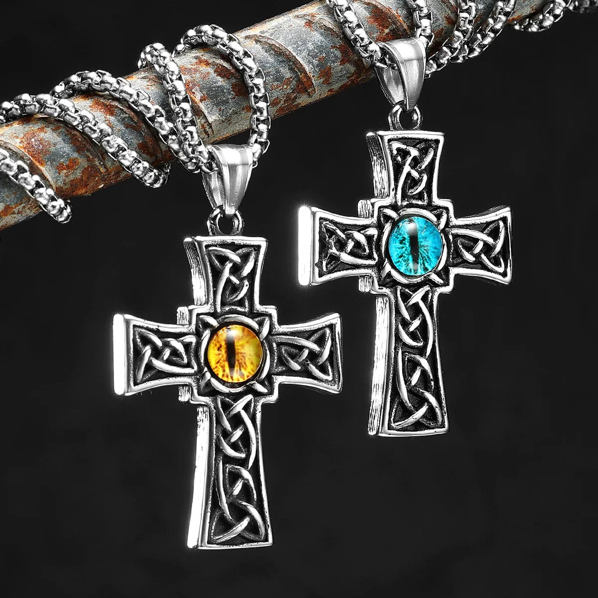 Braided Cross Men Necklace 316L Stainless Steel Gem Eye Pendants Chain Religion Rock Punk Rap for Male Jewelry Gift Dropshipping