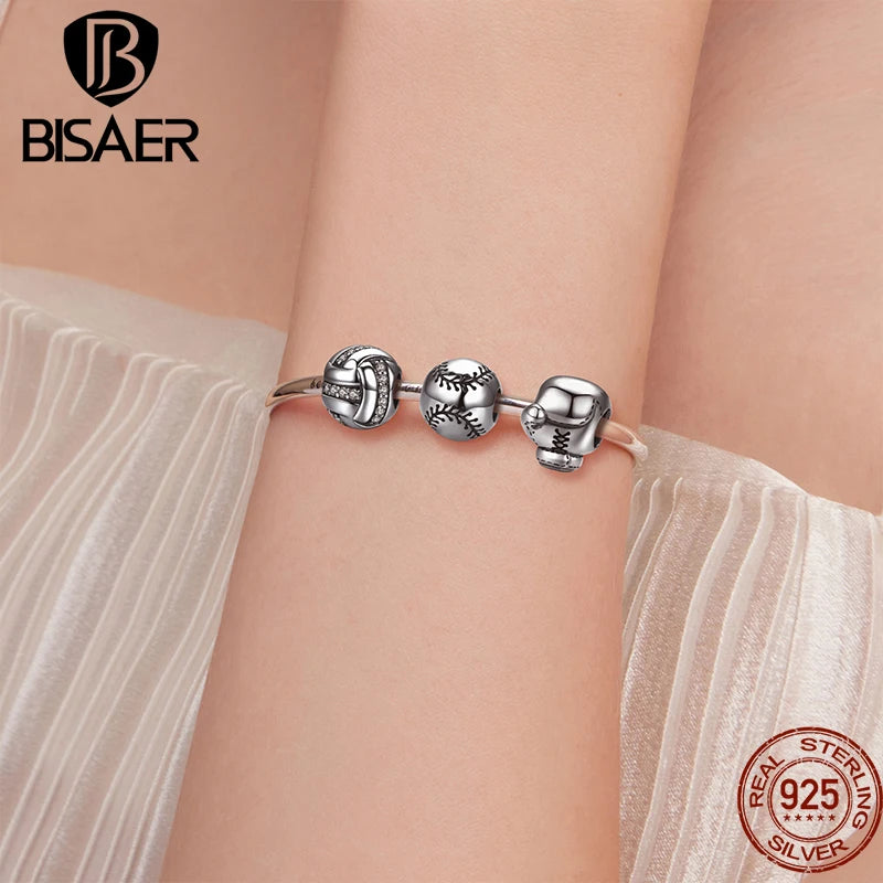 BISAER 925 Sterling Silver Ball Series Charm Football Volleyball Tennis Basketball Dumbbel Pendant Fit Bracelet DIY Fine Jewelry