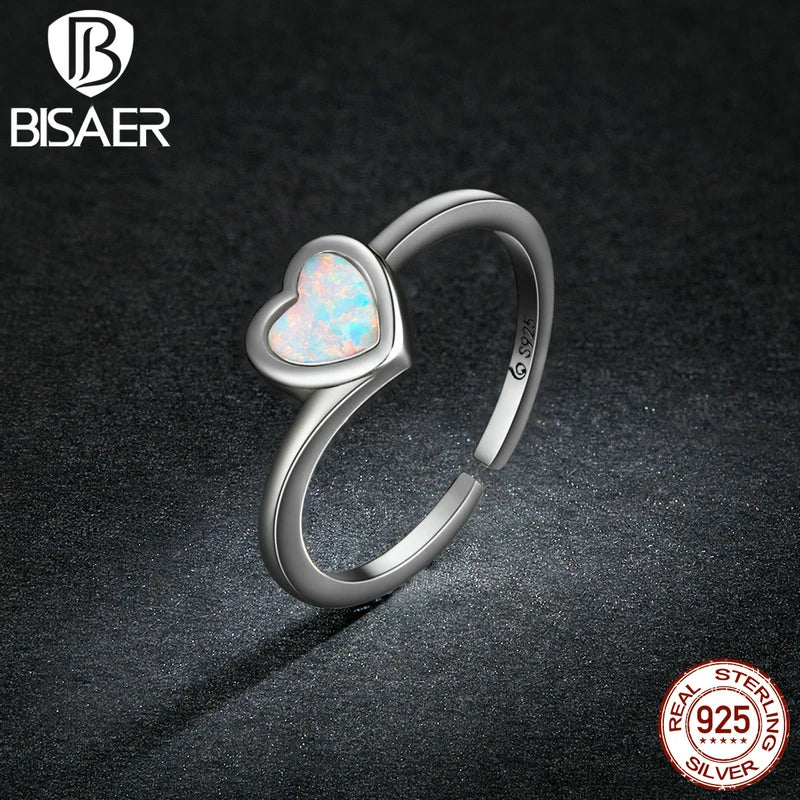 BISAER 925 Sterling Silver Opal Heart Open Ring Eternity Band Adjustable Size 5-9 Plated White Gold for Women Party Fine Jewelry