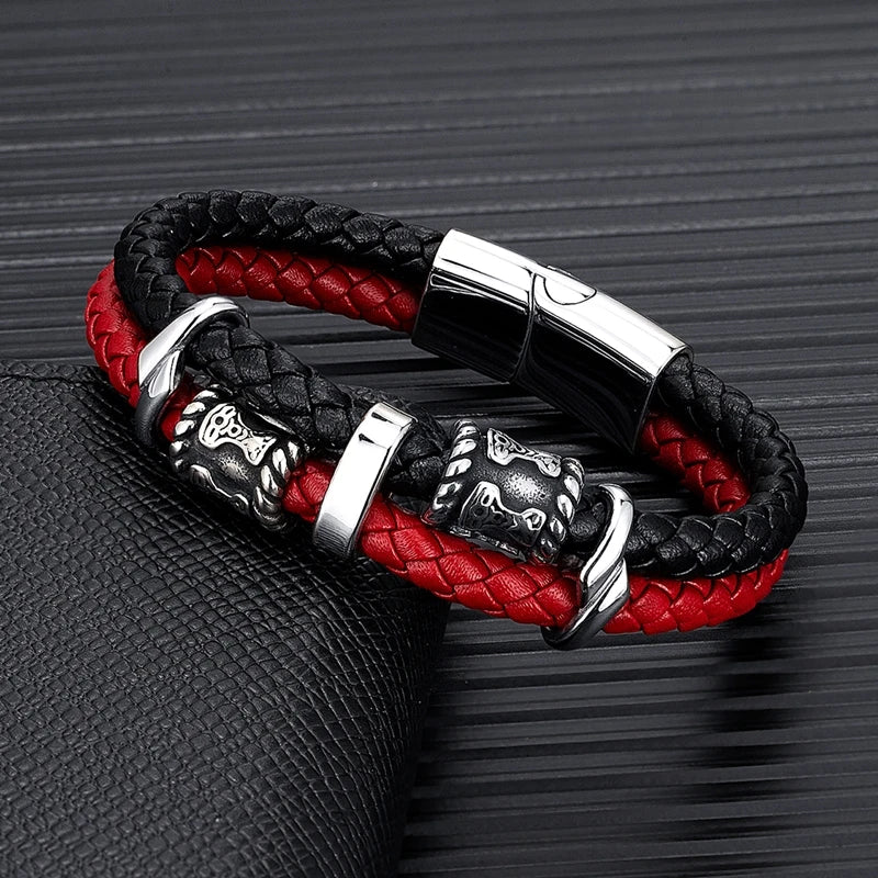 MKENDN Norse Vikings Thor's Hammer Mjolnir Scandinavian Rune Amulet Beads Stainless Steel Men's Leather Bracelet Homme Pulseras