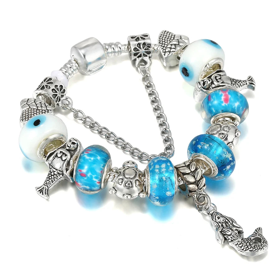 Seialoy Cyan Crystal Crown Pearl Shell Charm Bracelets For Women Man DIY Sea World Narwhal Beads Dolphin Pendant Bangle Jewelry