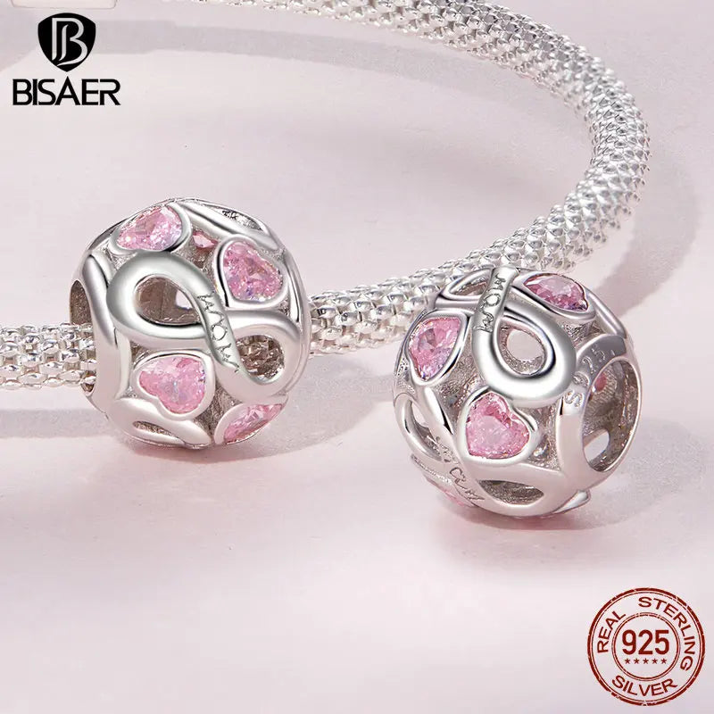 BISAER 925 Sterling Silver Motherly Love Charm Bead Hand Heart Pendant Plated Platinum Fit Mother's Day Bracelet Fine Jewelry