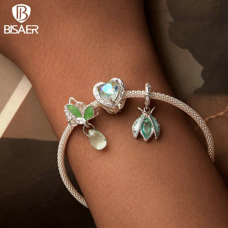 BISAER - Abalorio de plata de ley 100 % 925 con forma de abeja, margarita, mariposa, flor, cadena de seguridad, apto para pulseras y collares de mujer, joyería fina