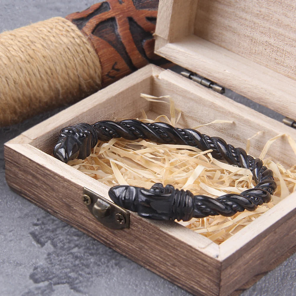 Bracelet en acier inoxydable avec corbeau nordique Viking réglable pour homme avec boîte en bois Viking