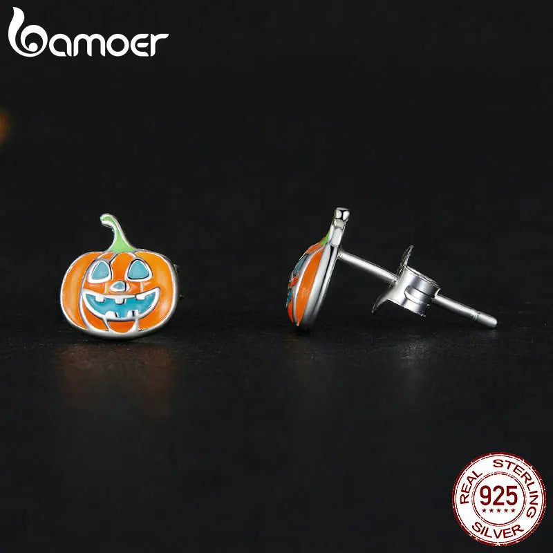 Bamoer 925 Sterling Silver Glow-in-the-dark Pumpkin Stud Earrings Luminous Earrings for Women Party Halloween Fine Jewelry