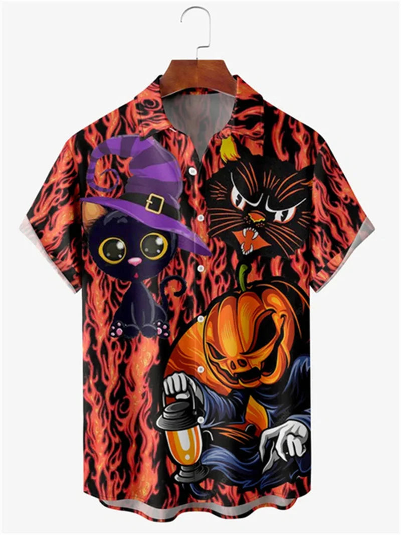 Camisa vintage para hombre con estampado 3D de cabeza de calabaza de Halloween, ropa para hombre, camisa hawaiana informal de verano para playa hawaiana, camisa hawaiana de vacaciones