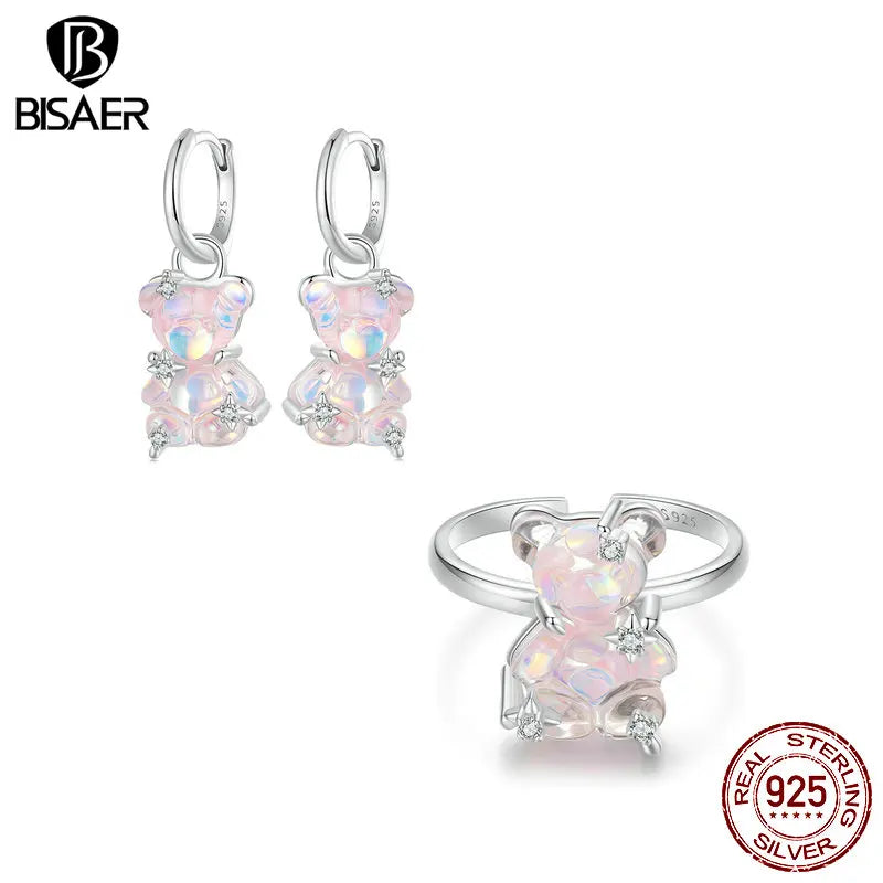 BISAER 925 Sterling Silver Dreamy Bear Open Ring Pink Bear Hoop Earrings Plated White Gold for Women Party Fine Jewelry Set Gift