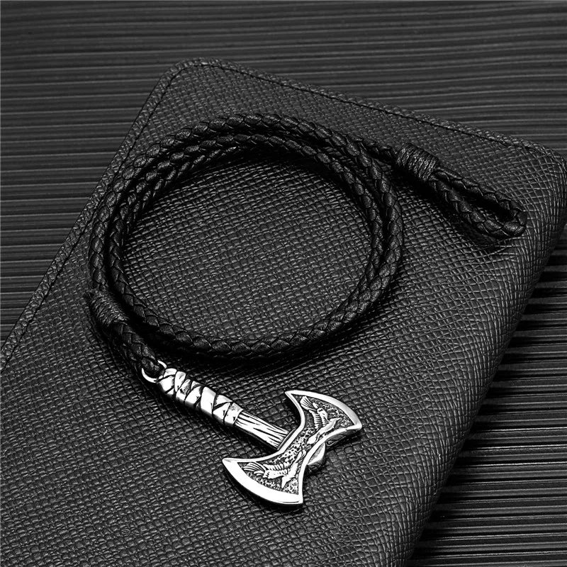 Viking Raven Battle Axe Multilayer Stainless Steel Leather Bracelet