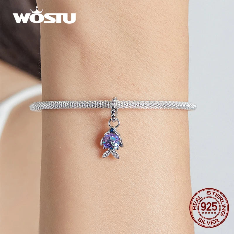 100% 925 Sterling Silver Blue Purple Fish Charms Beads Heart Pendants Fit Original DIY Bracelet Necklace
