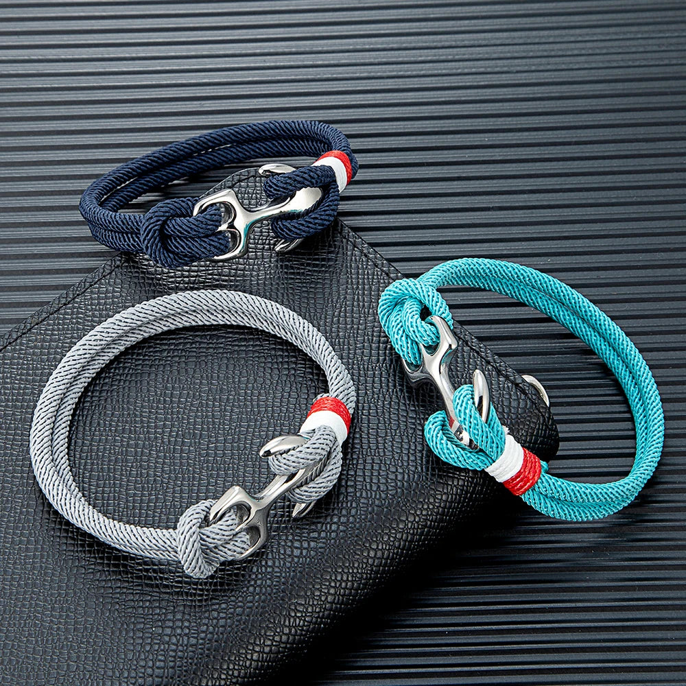 MKENDN Creative Contrast Double Strand Anchor Bracelets Men Women Nautical Survival Rope Bracelets Stainless Steel Anchor Buckle