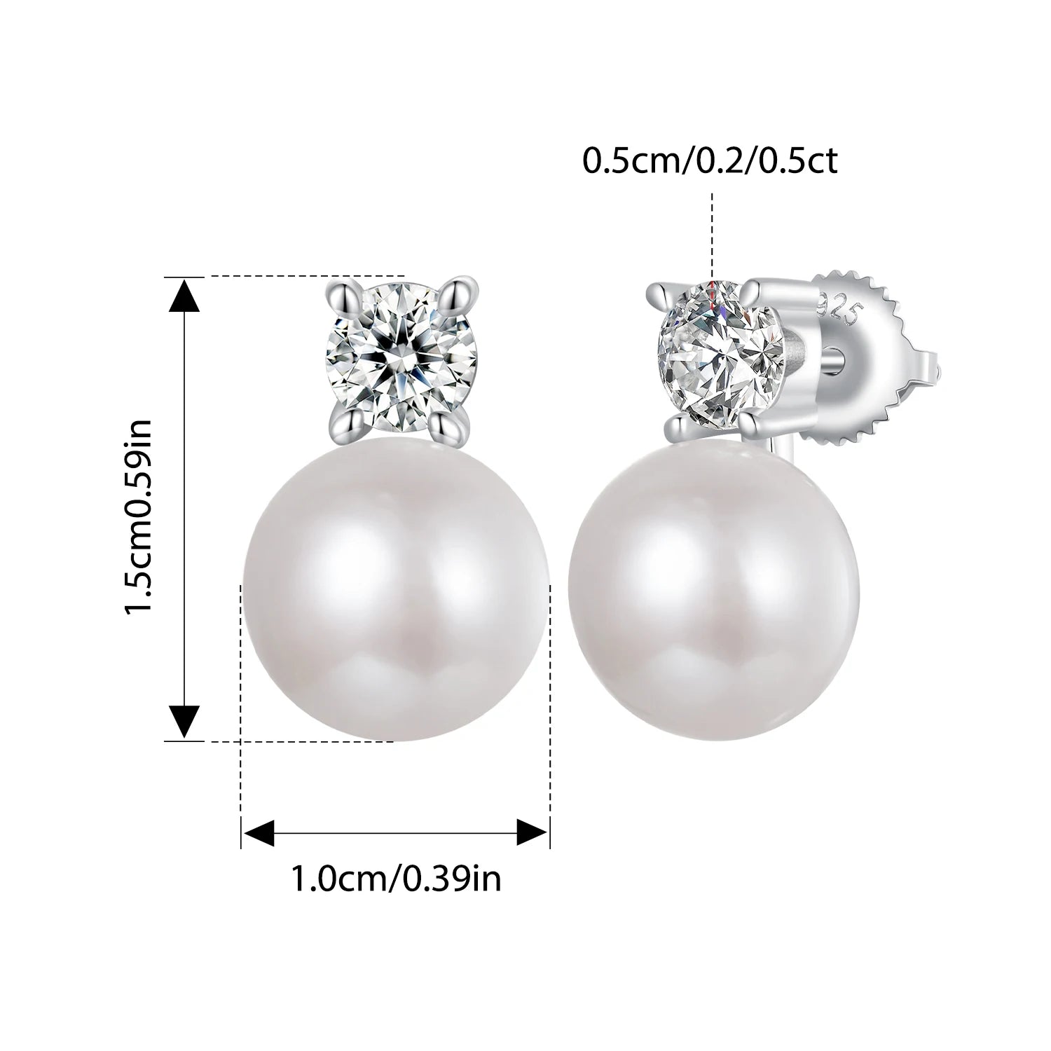 BISAER Moissanite 925 Sterling Silver Pearl Stud Earrings Elegant Women 0.5CT VVS1 Clarity Lab Created Diamond Wedding Jewelry