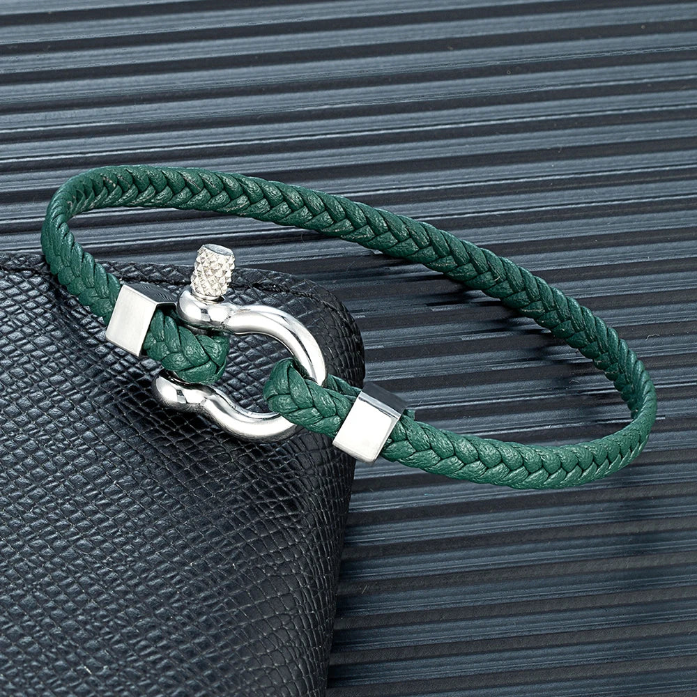 MKENDN Braided Leather Bracelet Men Women Stainless Steel Mini Horseshoe Shackle with Screws Bracelets For Boater Surfer Jewelry