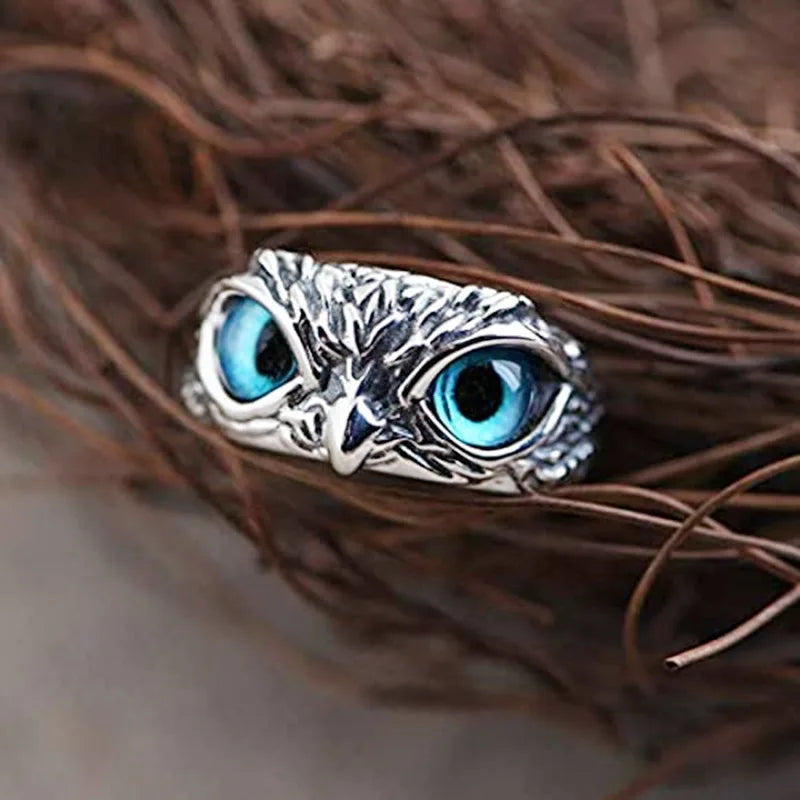 New Vintage Owl Rings For Women Men Design Multicolor Cat Eye Finger Rings Silver Color Adjustable Opening Animal Couple Jewelry