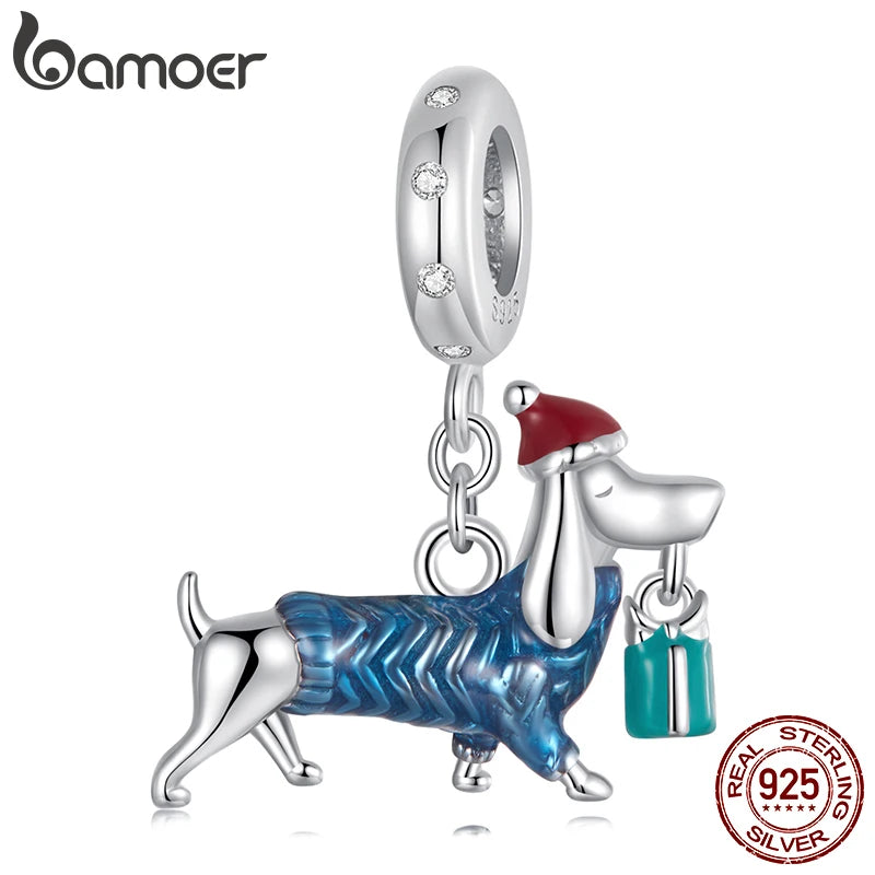 BAMOER Breloque en argent sterling 925 en forme de teckel de Noël pour bracelet original, breloque Bamoer pour la fabrication de bijoux, cadeau de Noël