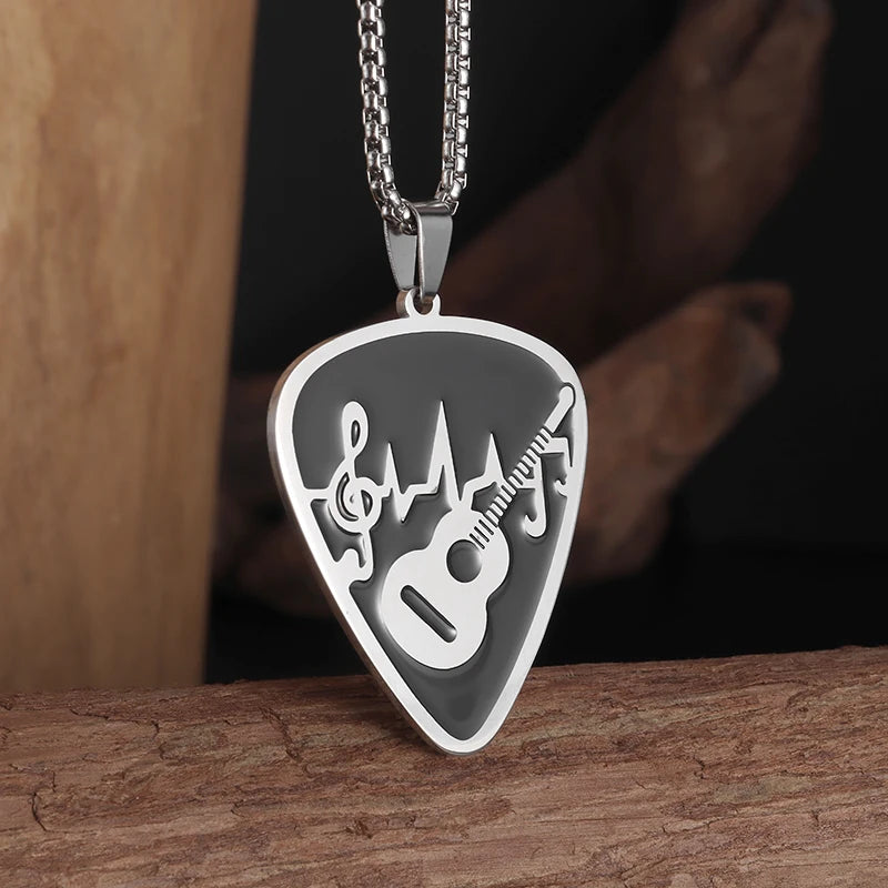 Collier en acier inoxydable avec pendentif en forme de médiator de guitare et de basse pour homme et femme, idéal pour les amateurs de musique, bijoux rock punk