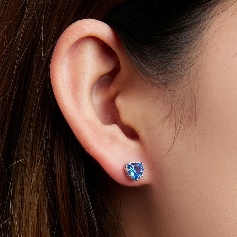 Real 925 Sterling Silver Ocean Blue Heart Stud Earrings For Women