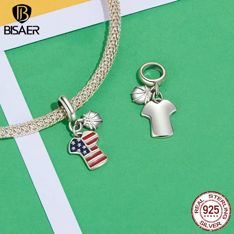 Pendentif maillot de football en argent sterling 925 BISAER en émail avec breloque en forme de boule pour bracelet et collier pour femme