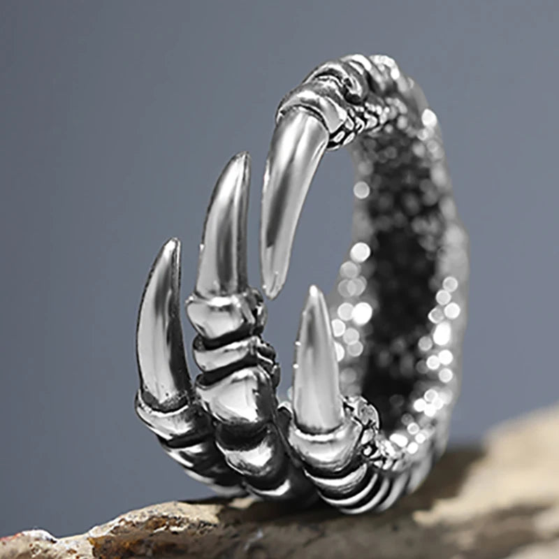 Stainless Steel Vintage Silver Dragon Claw Adjustable Ring
