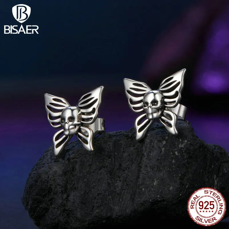 Boucles d'oreilles créoles en forme de cœur en argent sterling 925 BISAER en forme de crâne, papillon, araignée, bijoux de fête pour femmes