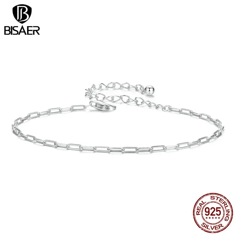 BISAER 925 Sterling Silver Simple Square Bracelet Adjustable Chain Plated White Gold for Women Party Fine Jewelry Gift ECB286