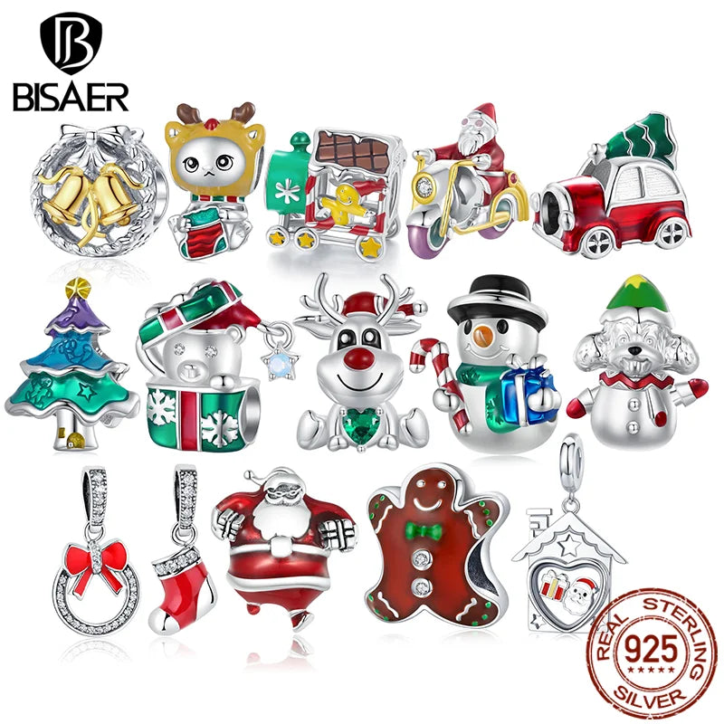 BISAER 925 Sterling Silver Christmas Tree House Charm Snowman Santa Claus Socks Pendant Fit DIY Bracelet Jewelry Festive Gift