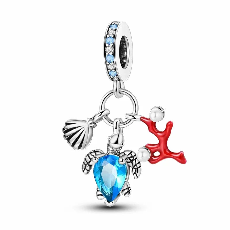 New 925 Sterling Silver Shell Sea Star Turtle Ocean Series Pendant Fit Original Pandora Bracelet Snake Chain Beaded Women Gift