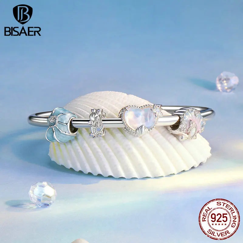 BISAER 925 Sterling Silver Ocean Dreamy Seashell Charm Bead Blue Whale Starfish Pendant Fit Women DIY Bracelet Fine Jewelry Gift