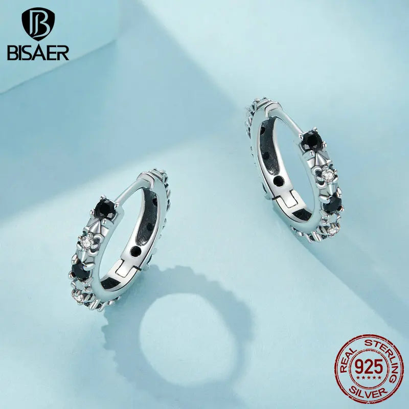 BISAER 100% 925 Sterling Silver Black Zircon Onyx Hoop Earrings Iris Flower Vintage Round Ear Clip For Women Party Jewelry Gift