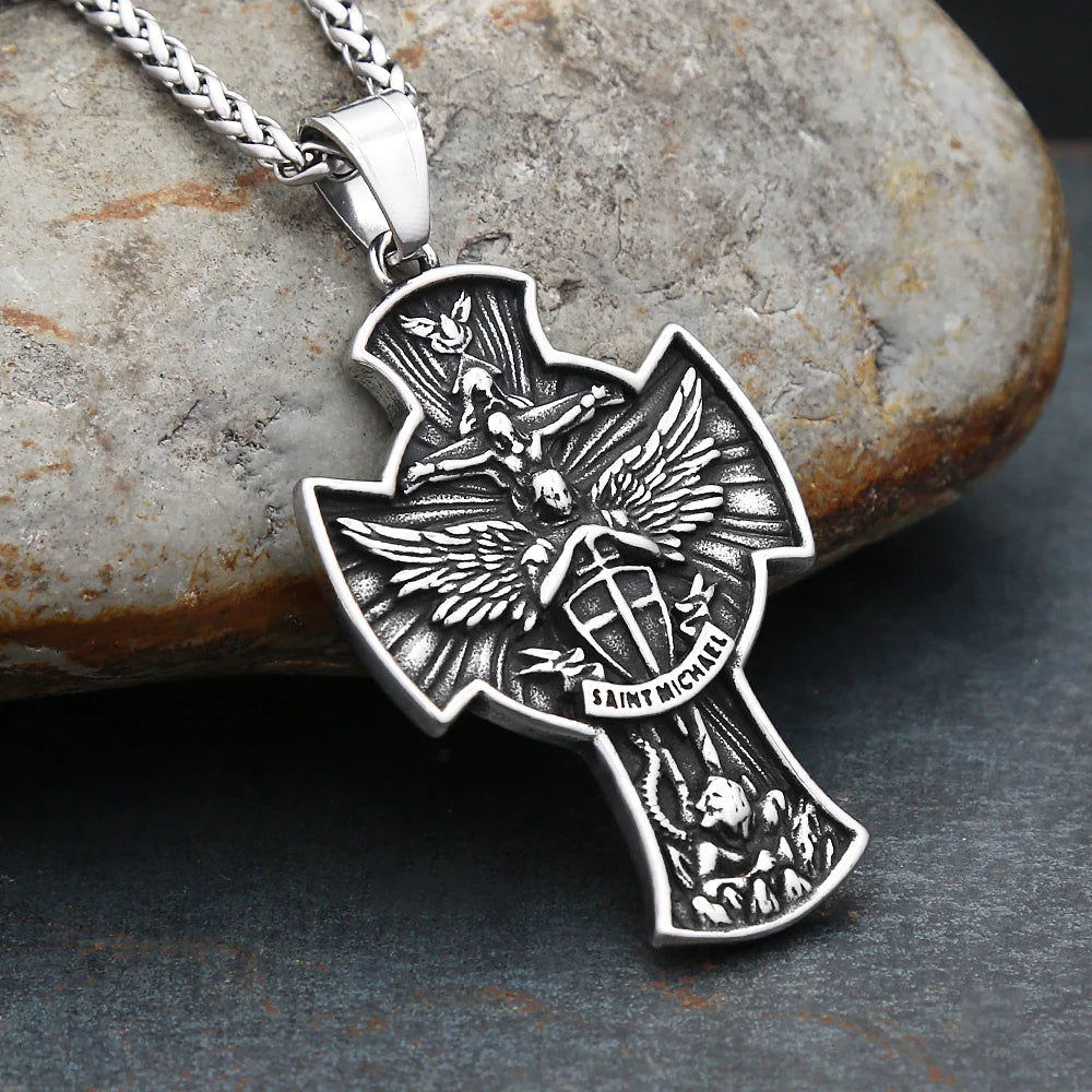 New Vintage Archangel Saint Michael Pendant Necklaces For Man Stainless Steel Angel Wings Cross Necklace Amulet Jewelry Gifts