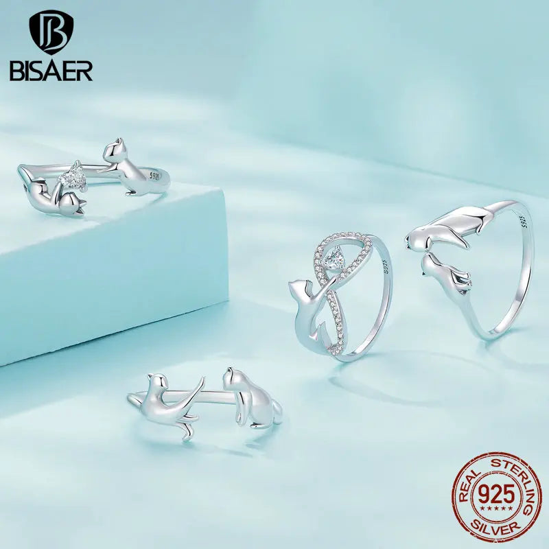 BISAER Real 925 Sterling Silver Cute Double Cat Adjustable Rings 6-9 Heart Zircon Pet Animal Open Ring Party Jewelry for Women