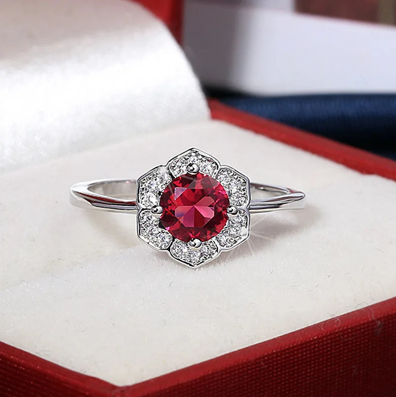 High Quality Garnet Red Round Four Prong Zircon Rings 925 Stamp White Gold Rings Women Wedding Party Jewelry Gifts