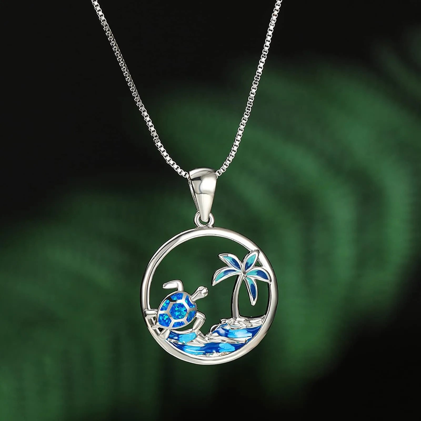 Boho Vintage Beach Wave Sea Turtle Pendant Necklace for Women Girl Fashion Imitation Blue Opal Necklace Wedding Jewelry