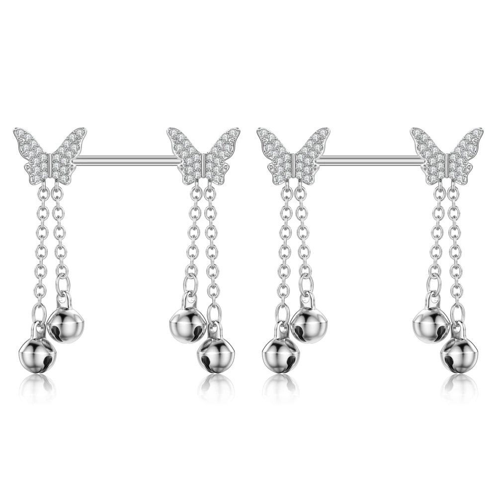 Both Sides Unscrew Chain Dangled Nipple Piercing Barbell Stainless Steel Flower Crystal Nipple Shield Cover Nipple Rings Jewelry